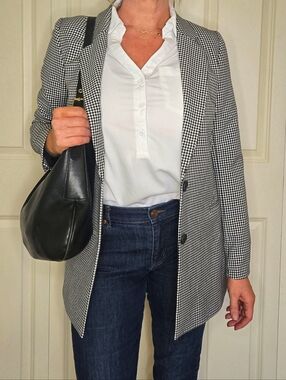 Rachel Zoe Black White Check Blazer Tailored Longline Jacket Size 6